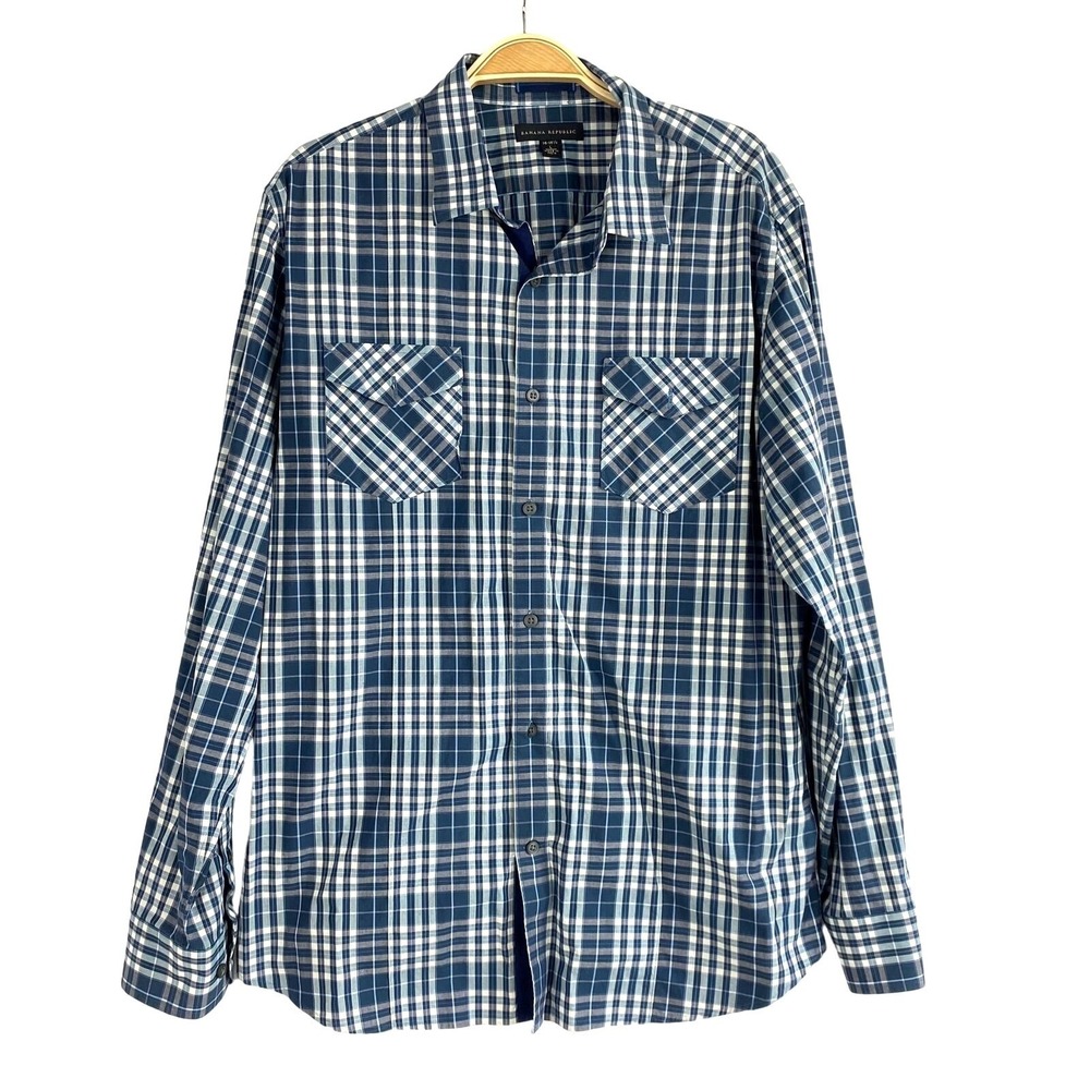 Banana Republic Plaid Flap Pocket Button Up Shirt Mens L Blue Stretch Western